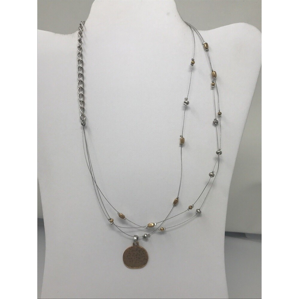 CHICO'S Pendant Necklace Hammered Metal Circle Gold Tone Floating Beads